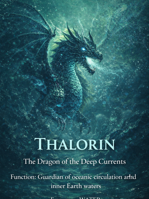 In the Lemurian age, Thalorin is the primary Ocean Dragon, singing alongside the Sealeye Priestess to maintain emotional coherence between humanity and Earth. His song is not audible but somatic, felt as calm, safety, and belonging. Through him, humans learn that healing is not correction but remembrance.
During the collapse of Lemuria, Thalorin makes the most difficult choice of all the dragons. He releases his centralized form, allowing his consciousness to disperse into planetary systems so that healing can continue without dependence on dragons. This act becomes the foundation of all later gentle sciences.
In later eras, Thalorin is no longer seen but felt. His resonance reemerges wherever bodies recover, cities breathe, and science serves life rather than control. When humanity begins restoration, it is Thalorin’s frequency that awakens first because it is the least dangerous and the most compassionate.
Primary Appearances
The Songs of the Inner Ocean – Thalorin sings with the Sealeye Priestess, stabilizing planetary emotional memory.
The Last Council of Lemuria – He supports the decision to withdraw physical dragon presence to prevent planetary fracture.
The Crystal Heart Temples – Thalorin’s dispersed resonance becomes the living foundation beneath the temple network.
Codex & Transition Appearances
The Bridge Between Worlds – Thalorin governs safe passage between collapsing and emerging civilizations.
The Giza Codex: The Temple of Resonance – His harmonic signatures are decoded as biological and planetary healing science.
Internal & Restoration Era Presence
The Return to Light Body – Thalorin’s frequency reawakens within the human nervous system.
The Restoration Era: The Body Remembers How to Heal – He is identified as the original template for regenerative biology.
The Restoration Era: The Return of the Gentle Sciences – Thalorin’s influence defines healing without force.