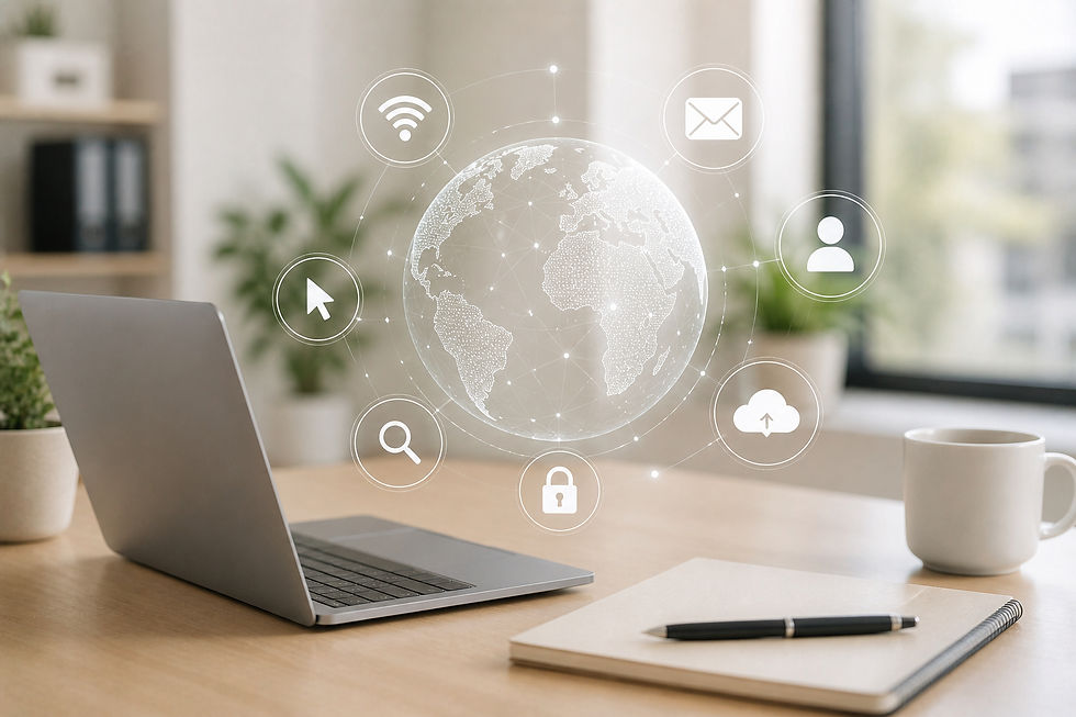 Laptop with global digital services icons