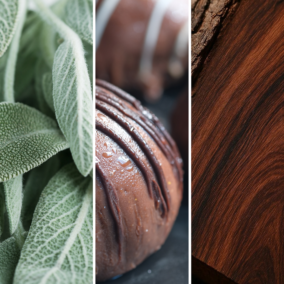 Sage, chocolate truffles, wood grain textures. spellboundfragrances.ch