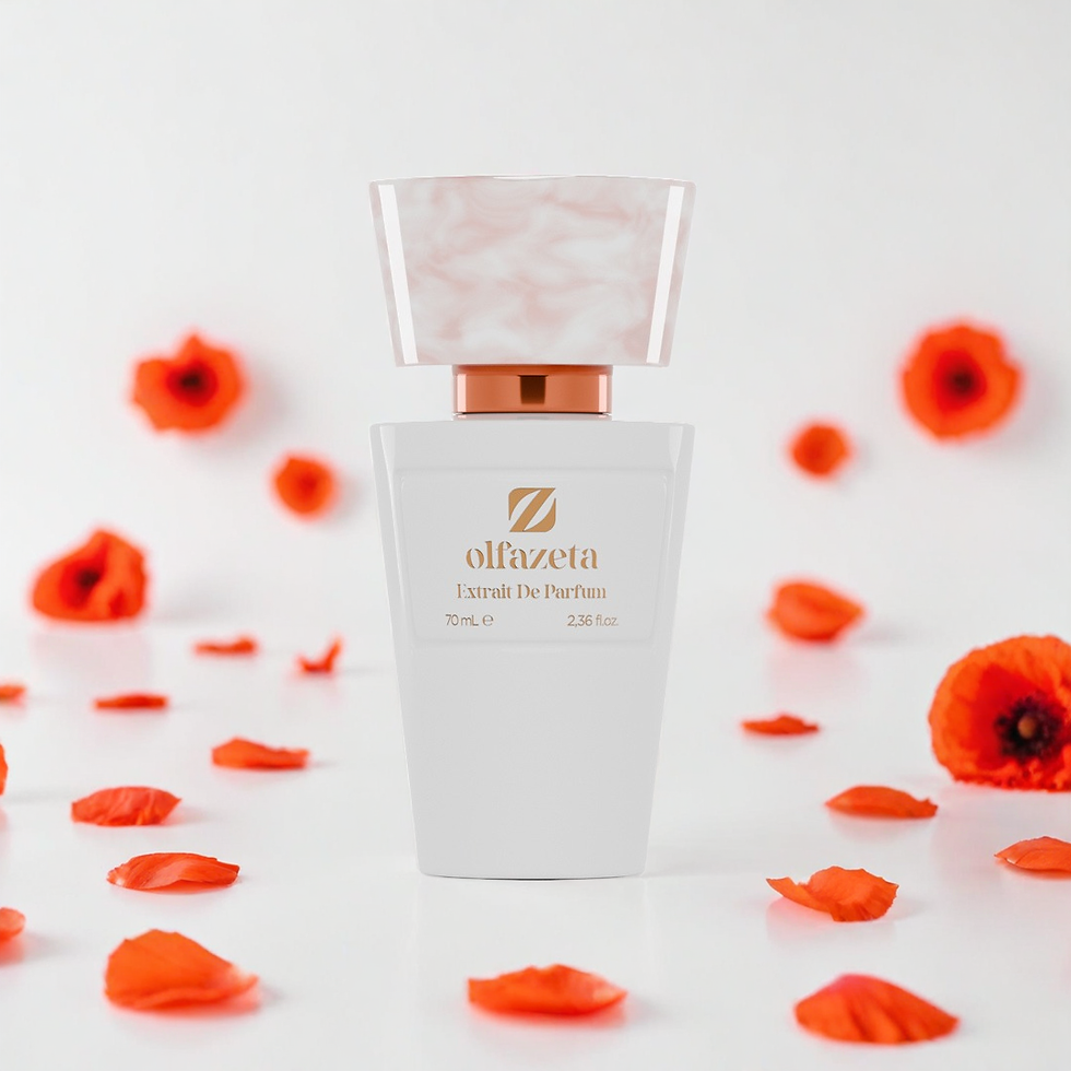 White Elfazeta perfume bottle, floral, Extract De Perfume 75ml e 2.5fl oz, with poppy flowers.