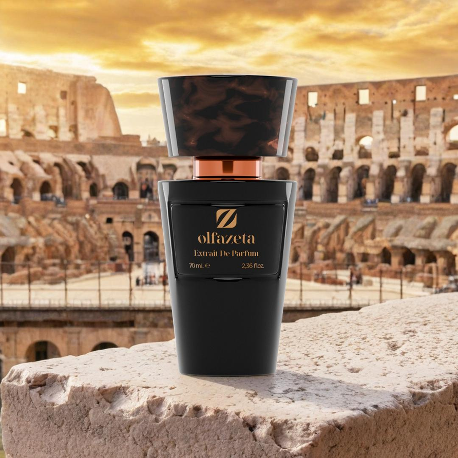Olfazeta Extract De Parfum bottle 213 in front of the Colosseum spellboundfragrances.ch