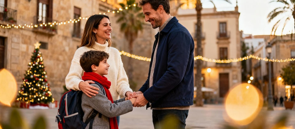 Progenitores coordinando guarda compartida en Navidad Barcelona con niño feliz entre ambos progenitores