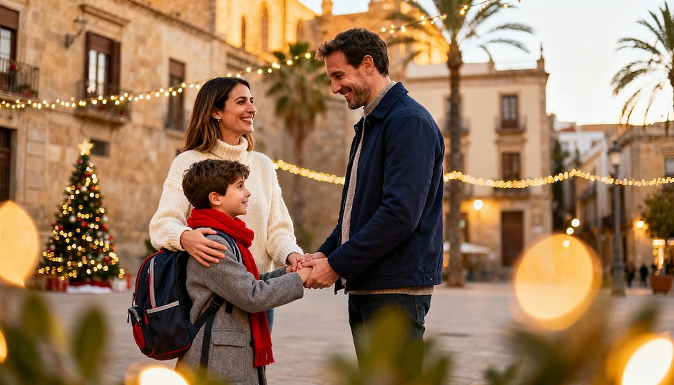 Progenitores coordinando guarda compartida en Navidad Barcelona con niño feliz entre ambos progenitores