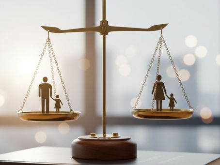 Una balanza equilibrada con figuras de padres e hijos, simbolizando la equidad y el soporte mutuo.