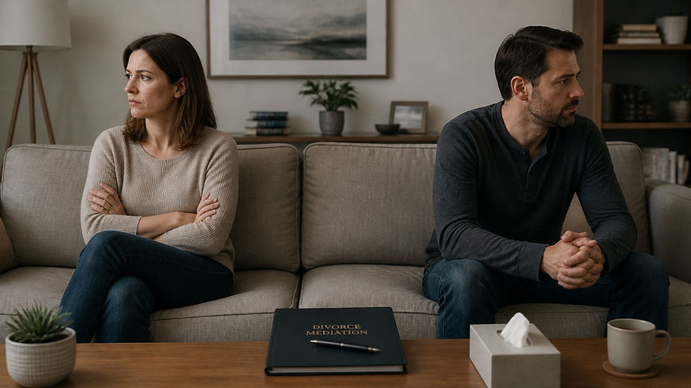 Pareja en proceso de divorcio durante una sesión de mediación familiar para acordar la pensión compensatoria
