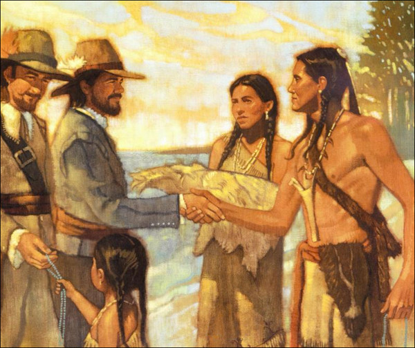 Squanto en su primer encuentro con comerciantes europeos.