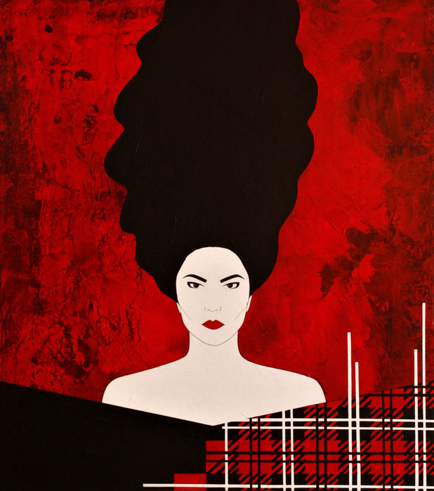 2020 Challenger — stylized portrait painting by Irme Mamsirati featuring a pale woman with towering solid black hair against a textured red background, anchored by a geometric black, white, and red plaid pattern at the base.
