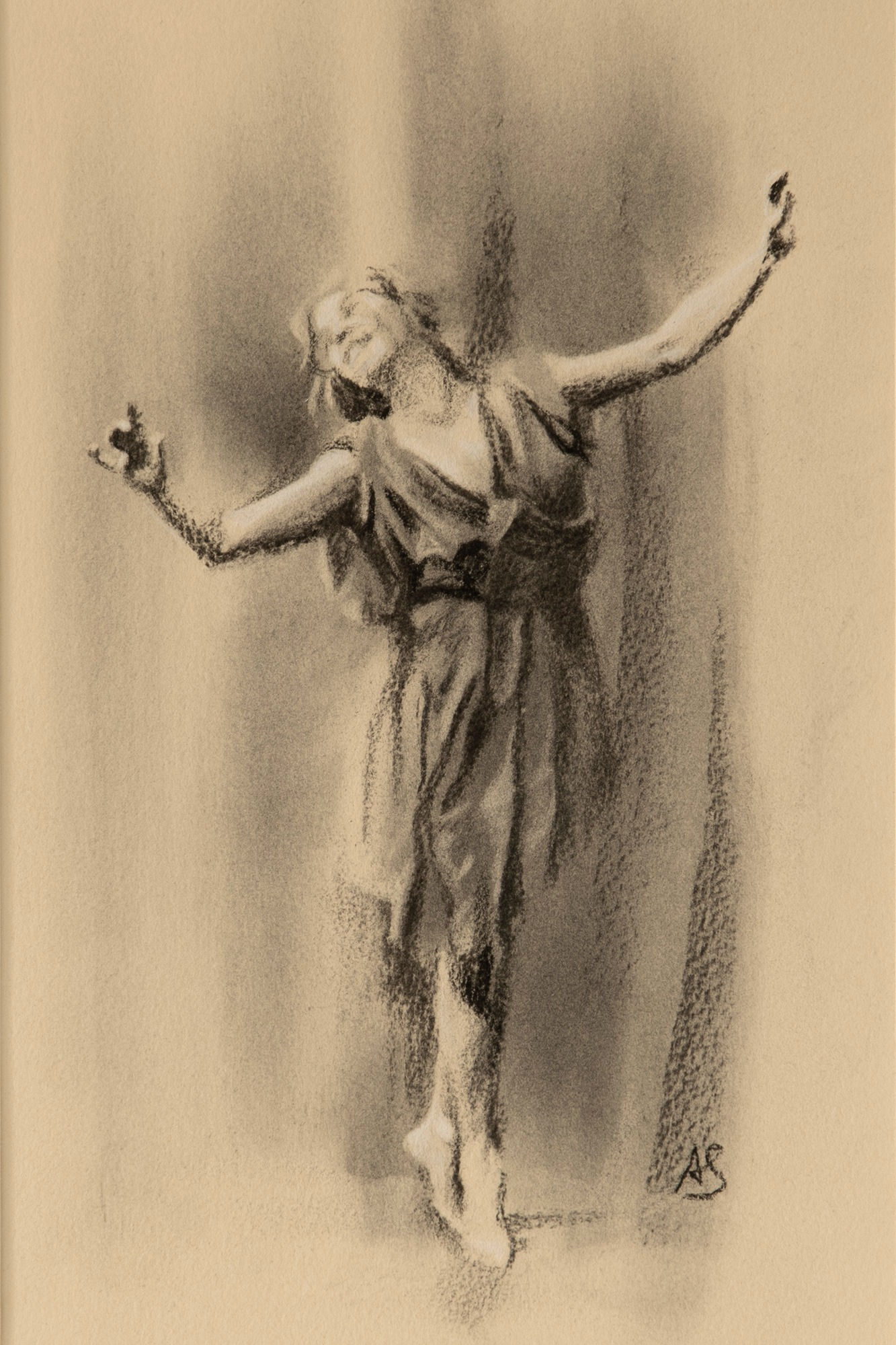 Female performer on stage. Charcoal and pastel pencil on Arches paper.  Drawing by Axel Saffran.