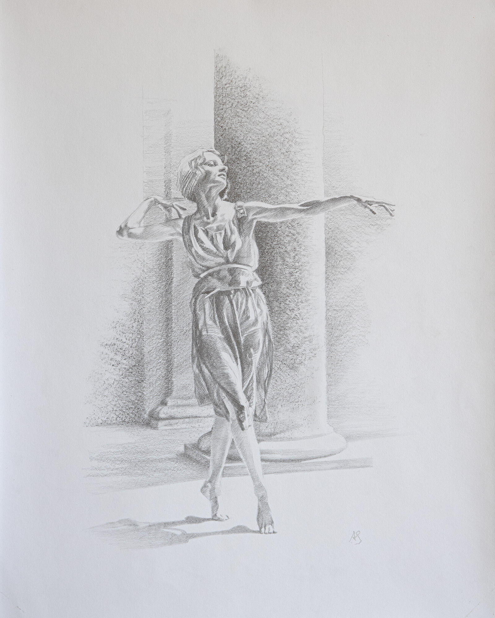 Female dancer in classical setting. Graphite on Fabriano Academica paper. Drawing by Axel Saffran.