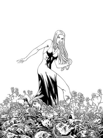 Pin-up / poster art, black and white illustration by Clayton Barton
