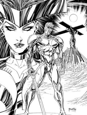Character design, black and white illustration by Clayton Barton