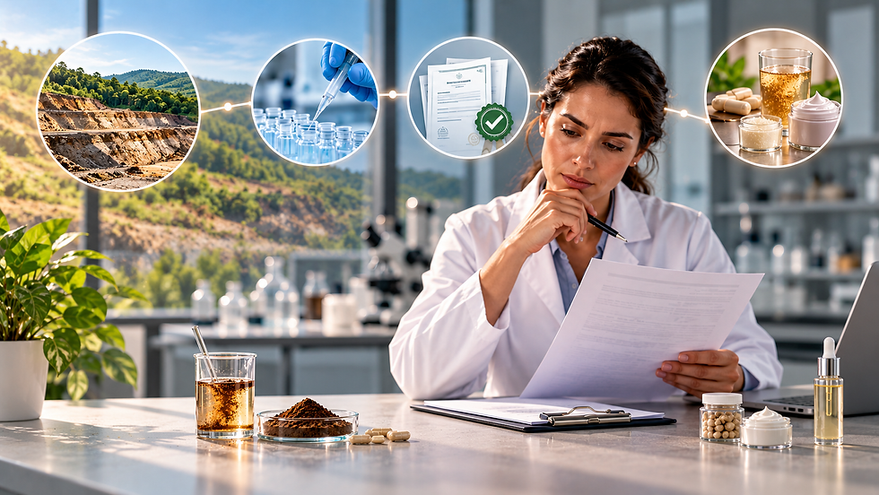 Product scientist reviewing fulvic acid ingredient documentation, testing, traceability, and formulation quality.