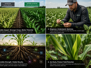 Four-panel AgTonik infographic illustrating mid-season crop mineral nutrition through a split-field treatment comparison, agronomist field scouting, root zone trace mineral uptake diagram, and early crop deficiency symptoms in corn