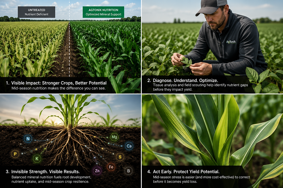 Four-panel AgTonik infographic illustrating mid-season crop mineral nutrition through a split-field treatment comparison, agronomist field scouting, root zone trace mineral uptake diagram, and early crop deficiency symptoms in corn