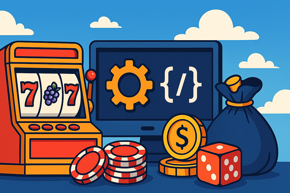 Colorful 2D illustration of an online casino and API integration concept, featuring a slot machine with triple sevens, a computer screen with gear and code symbols, poker chips, a golden coin, a die, and a money bag under a bright sky with clouds.