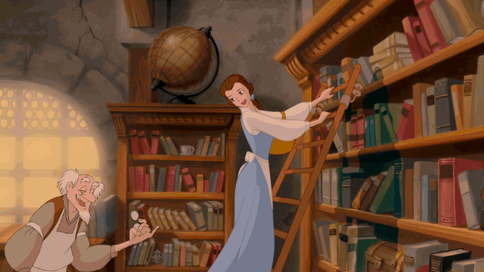 Belle swinging with excitement on a bookshelf.