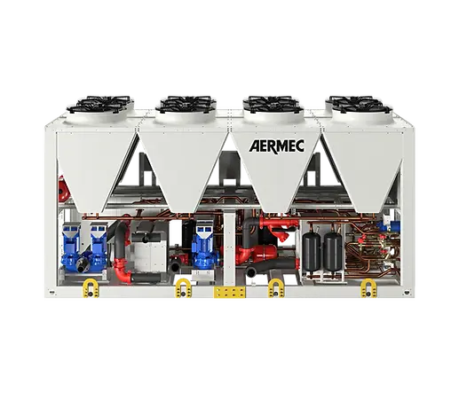 NRP est une unité polyvalente chargée en gaz R410A pour la production simultanée et indépendante d'eau chaude et d'eau froide. Les polyvalentes à 2 tubes ont été réalisées pour les applications où la demande en eau froide/chaude et en eau chaude sanitaire est effective tout au long de l'année. Les polyvalentes à 4 tubes ont été réalisées pour les installations où la demande simultanée d'eau froide et d'eau chaude est possible. La machine est dotée de ventilateurs axiaux avec émission sonore réduite et compresseurs scroll à haut rendement et faible consommation électrique. NRP est doté de 3 échangeurs : l'échangeur côté environnement à ailettes cuivre-aluminium et 2 échangeurs internes à plaques. NRP trouve son application dans les environnements résidentiels, commerciaux et industriels pour les installations de petite et moyenne puissance. Il existe en outre en version standard, silencieux et à haute efficacité.