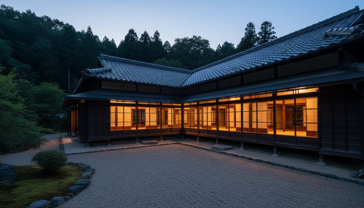 High-angle view of a restored Japanese farmhouse with warm lights glowing at dusk.