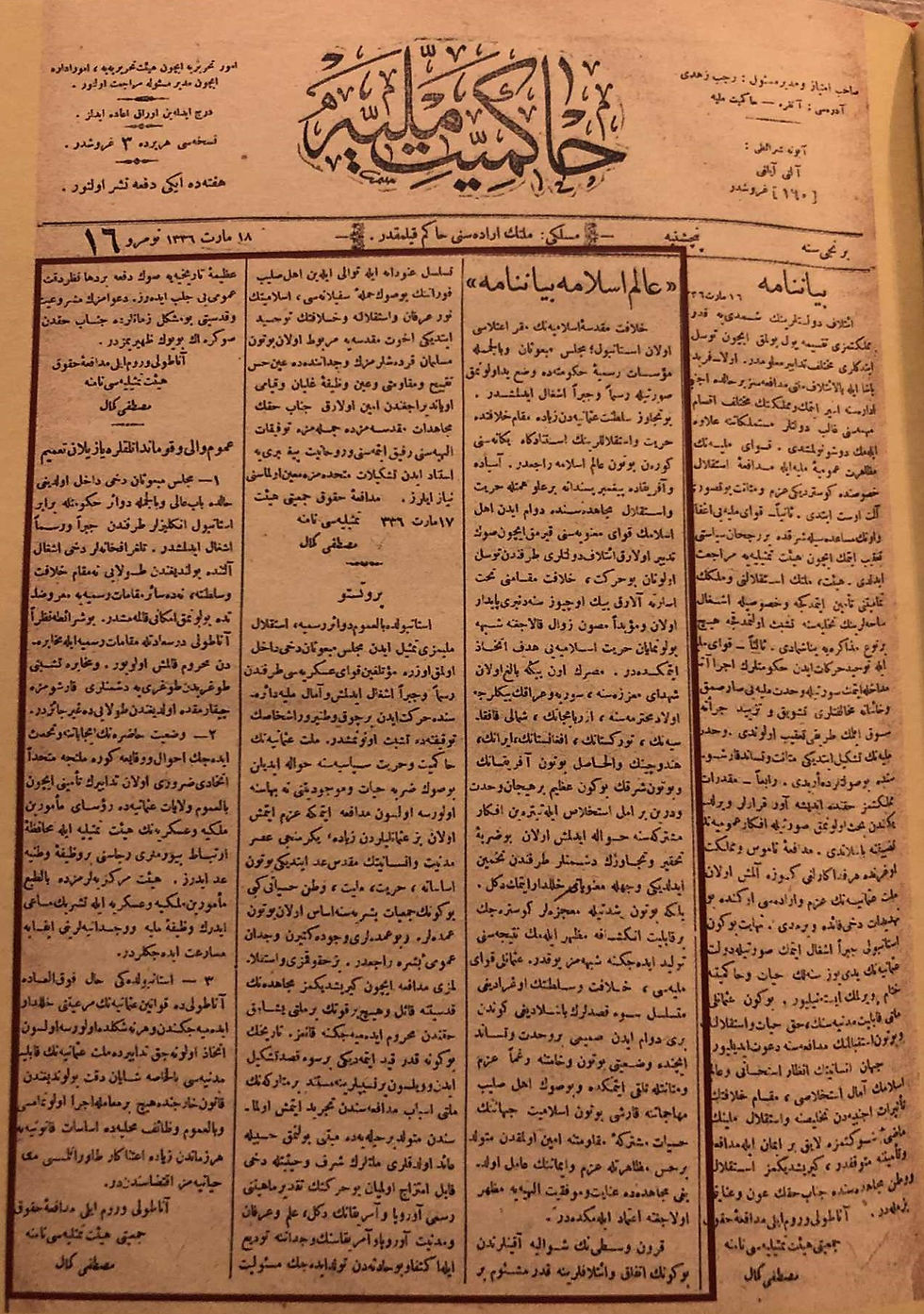 "Hakimiyet-i Milliye Gazetesi, (18 Mart 1920)."