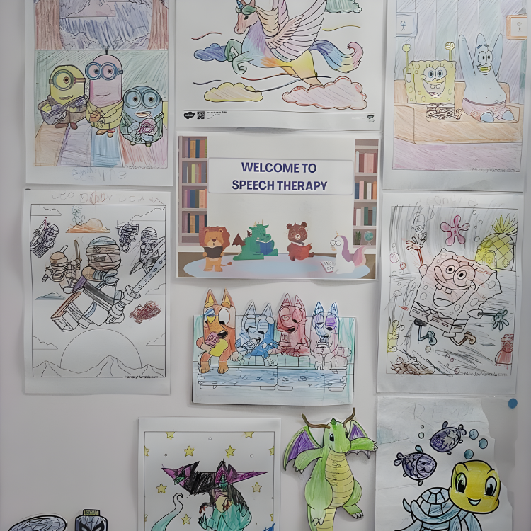 Children's artwork display at Speak Wonders speech therapy clinic, Western Sydney.