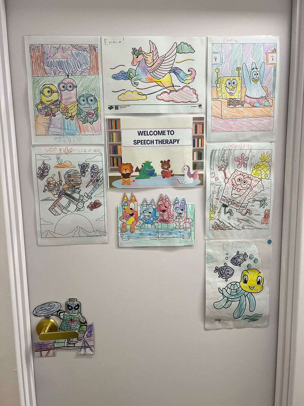Children's artwork display at Speak Wonders speech therapy clinic, Western Sydney & Westmead.