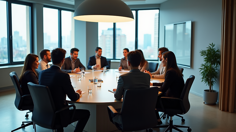 High angle view of a conference room with consulting team brainstorming