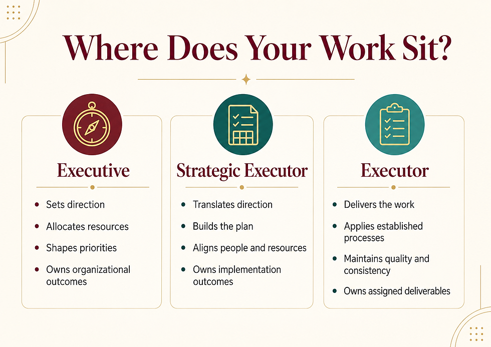Career scope assessment comparing how executives, strategic executors, and executors approach priorities, decisions, resources, change, and accountability.