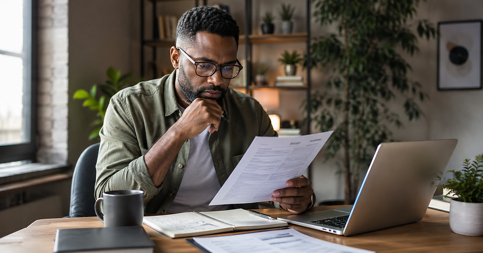 Mid-career Black professional reviewing a résumé, application tracker, and career notes at a laptop in a calm home office.
