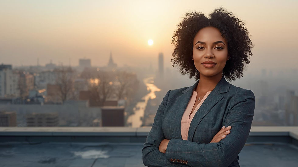 A confident mid-career adult woman or man of color, ideally with West Indian, African, South Asian, or Afro-Latina/o heritage, stands on a rooftop at sunrise. Behind them, a misty city skyline in muted greys and soft golds symbolizes uncertainty. In front, a faint path or beam of light cuts through the fog, representing strategy and self-trust. The subject has clear-eyed, calm confidence, wearing sharp, neutral business-casual clothing.