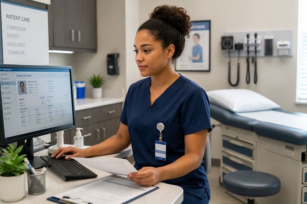 Medical assistant preparing an exam room and reviewing electronic patient records in an outpatient clinic, representing the skills and qualifications healthcare employers look for when hiring medical assistants in 2026.