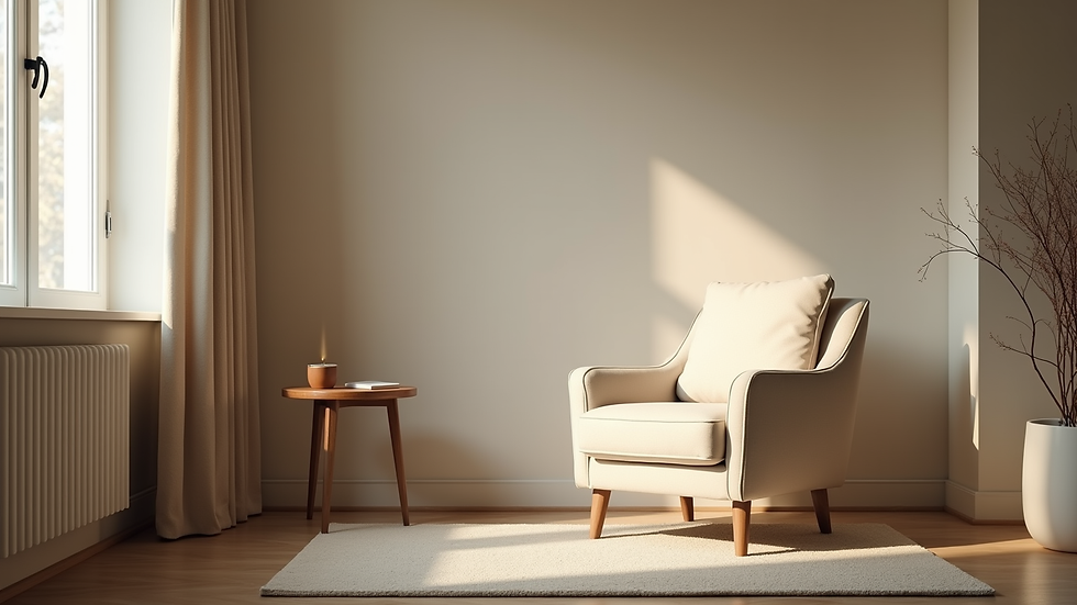 Eye-level view of a quiet room with a comfortable chair and soft lighting