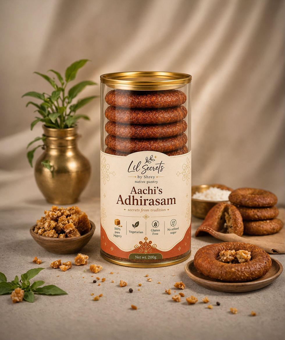 Aachi's Adhirasam sweets in a clear container with jaggery