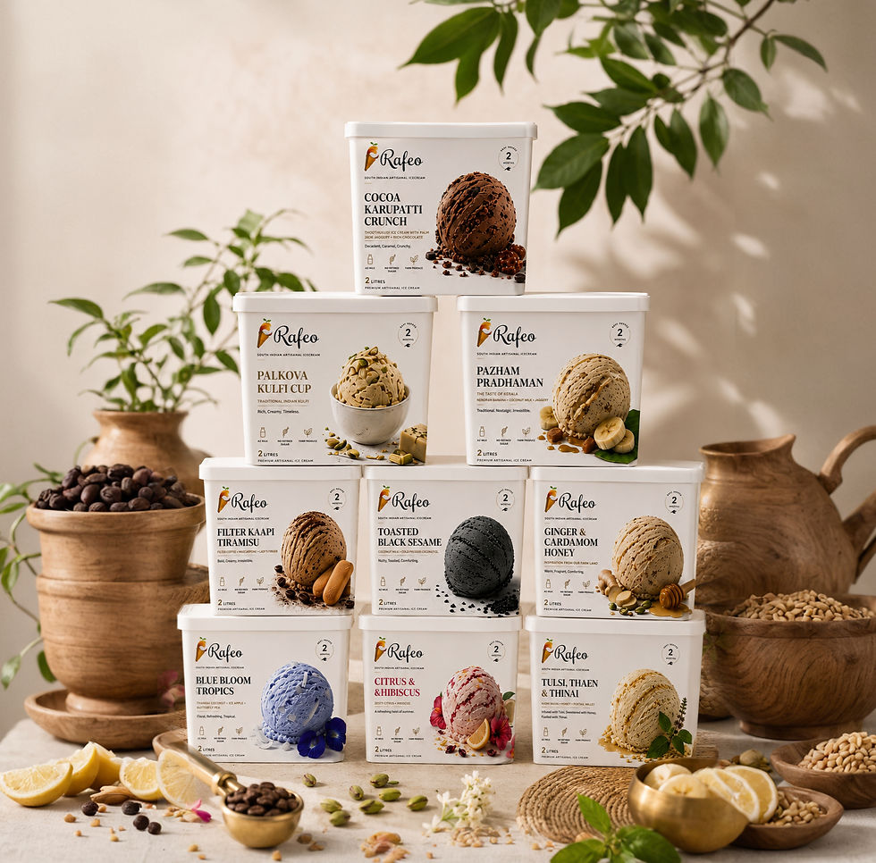 Stacked gourmet tubs of Rafeo ice creams India.