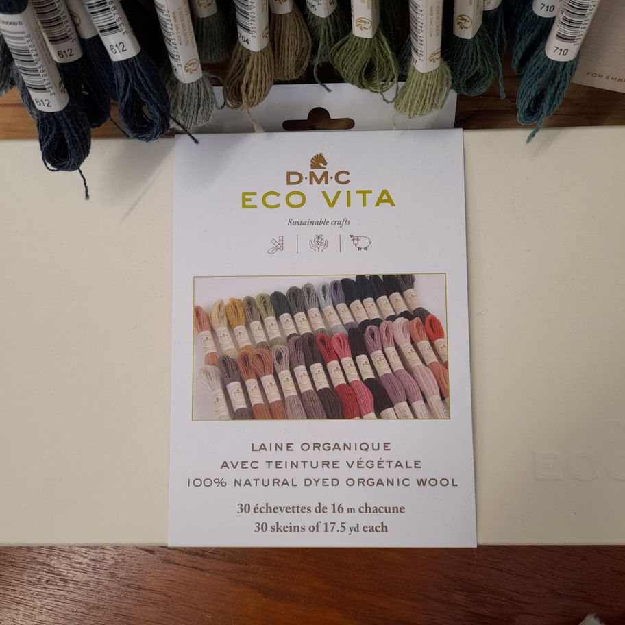 DMC Eco Vita natural dyed threads - presentation box with a picture of the 30 skeins of thread the box contains.