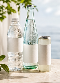 Water in a plastic bottle, glass bottle, and slim can.