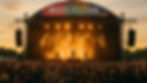 A picture of a stage at a festival with a big crowd in front of it. The words 'Music Festival' are on the top of the stage.