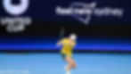 Tennis player in yellow hits a backhand on a blue court. United Cup and feel new Sydney logos are visible in the background.