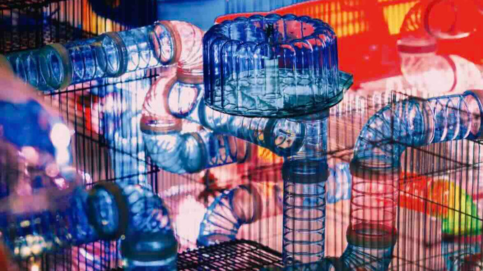 Colorful hamster tubes and cages create a maze with a vibrant red, orange, and blue backdrop, conveying a playful and bright atmosphere.