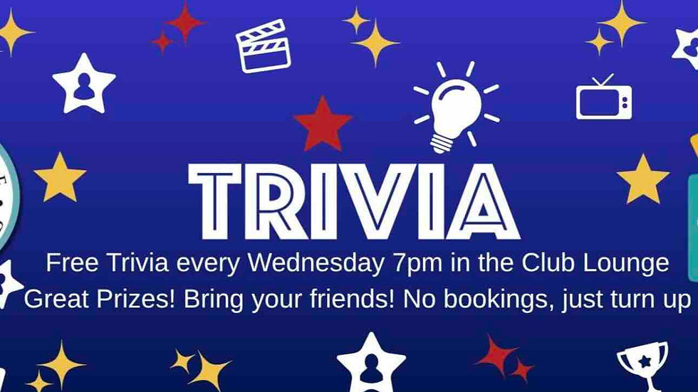 Blue background with "TRIVIA" in bold white letters. Text: "Free Trivia every Wednesday 7pm in the Club Lounge." Stars and icons decorate.
