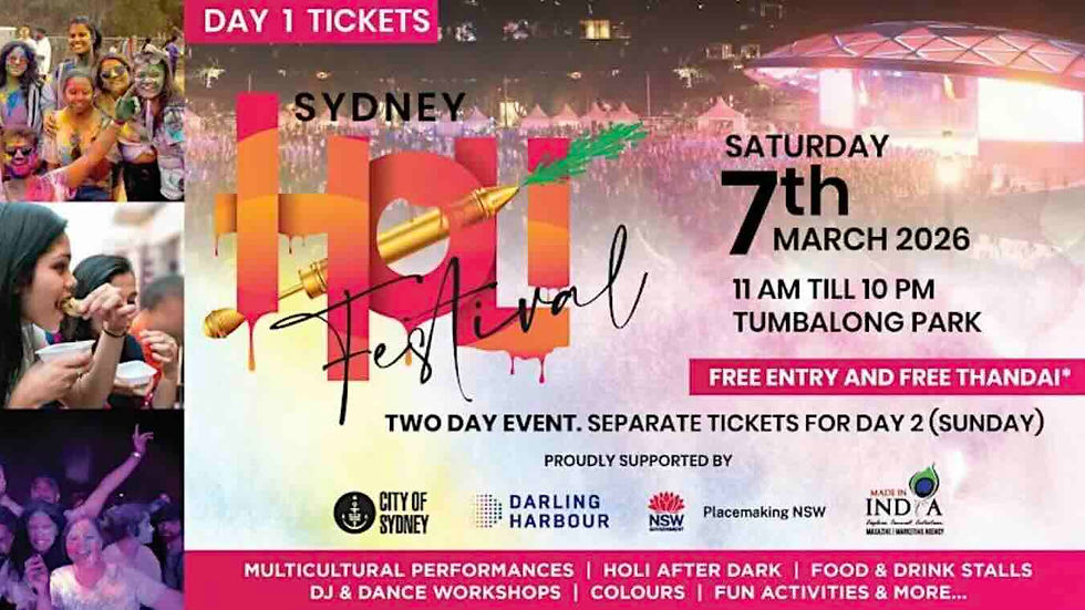 Sydney Holi Festival on 7th March 2026 at Tumbalong Park, features dance, colors, food. Free entry. People celebrating with joy.