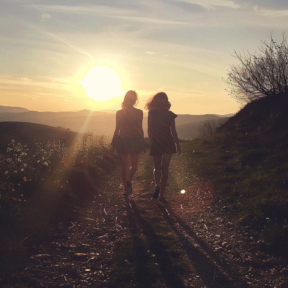 Accompagnement, deux femmes s'entraident et marchent dans la nature