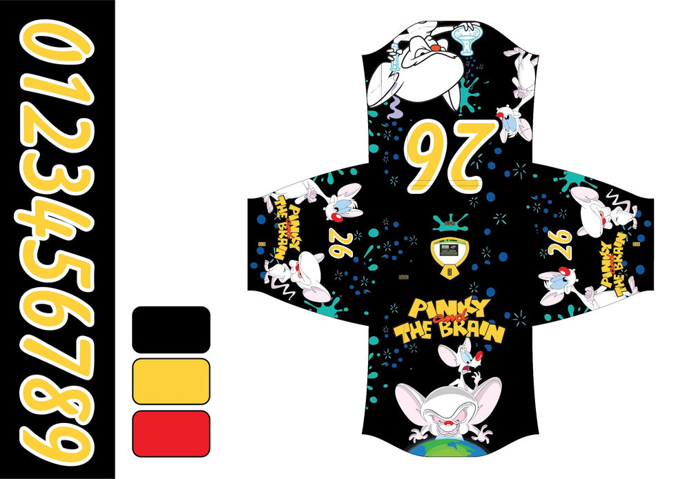 Custom hockey jersey featuring Pinky and the Brain cartoon characters, designed by Beer League Custom with black base, yellow and red accents, and full-print graphics.