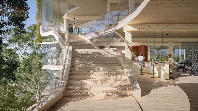 Interior Workspace view IOM’s new headquarters in Geneva is a reflection of this transitory threshold, whose existence may be distinctive but the experiences are intersecting. The east bound winding staircase stretches from the SE to the NE and back to the SE - acting as a metaphor to “Threshold & Transition”, orchestrated in the midst of nature.