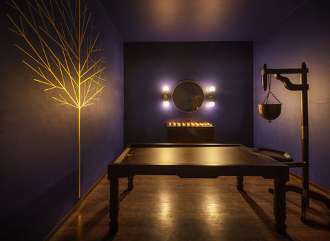 Relaxing spa room design in a hotel, dark spa room interiors, ayurvedic spa rooms, spa treatment rooms, tree artwork on walls, brass inlay artwork on walls