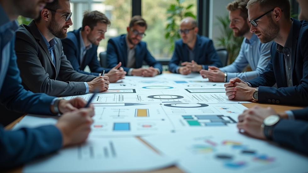 Eye-level view of a technical team discussing complex architecture diagrams