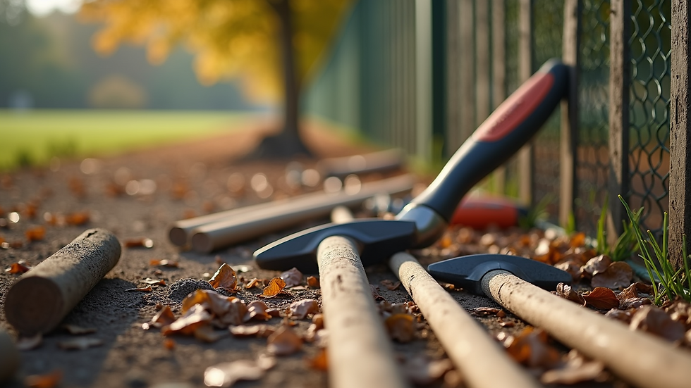 Close-up view of fence installation tools and materials arranged on the ground