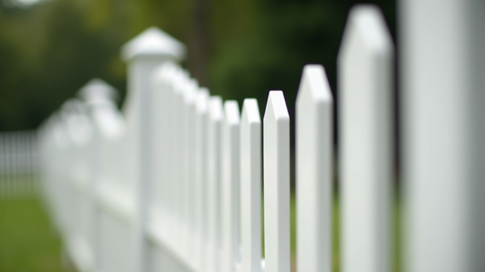 Close-up view of white vinyl fence with decorative posts
