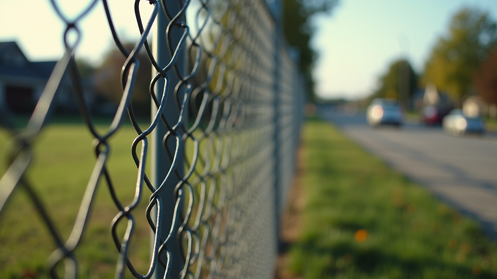 Eye-level view of chain link fence posts aligned along a property line
