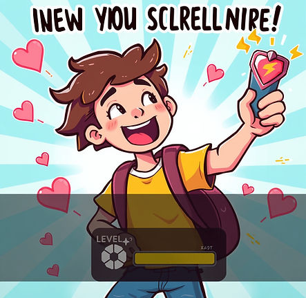 A vibrant, empowering illustration of a young person leveling up in a mobile game that bui