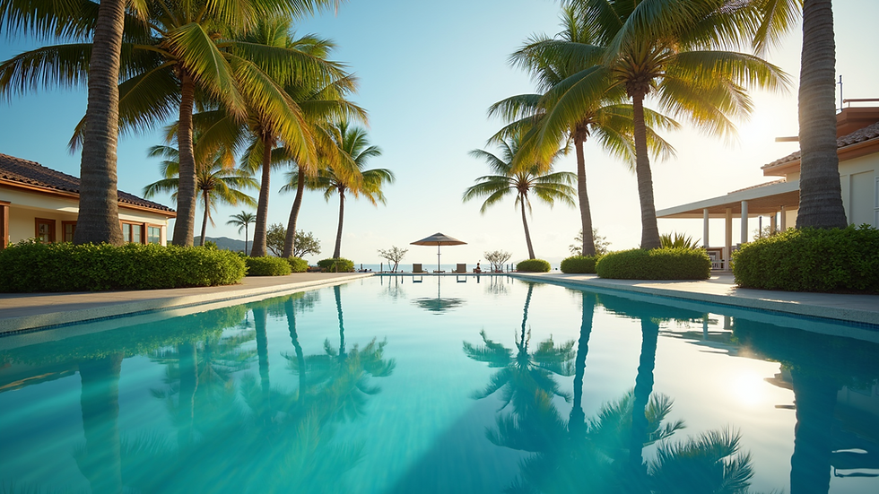 Eye-level view of a luxury resort pool surrounded by palm trees